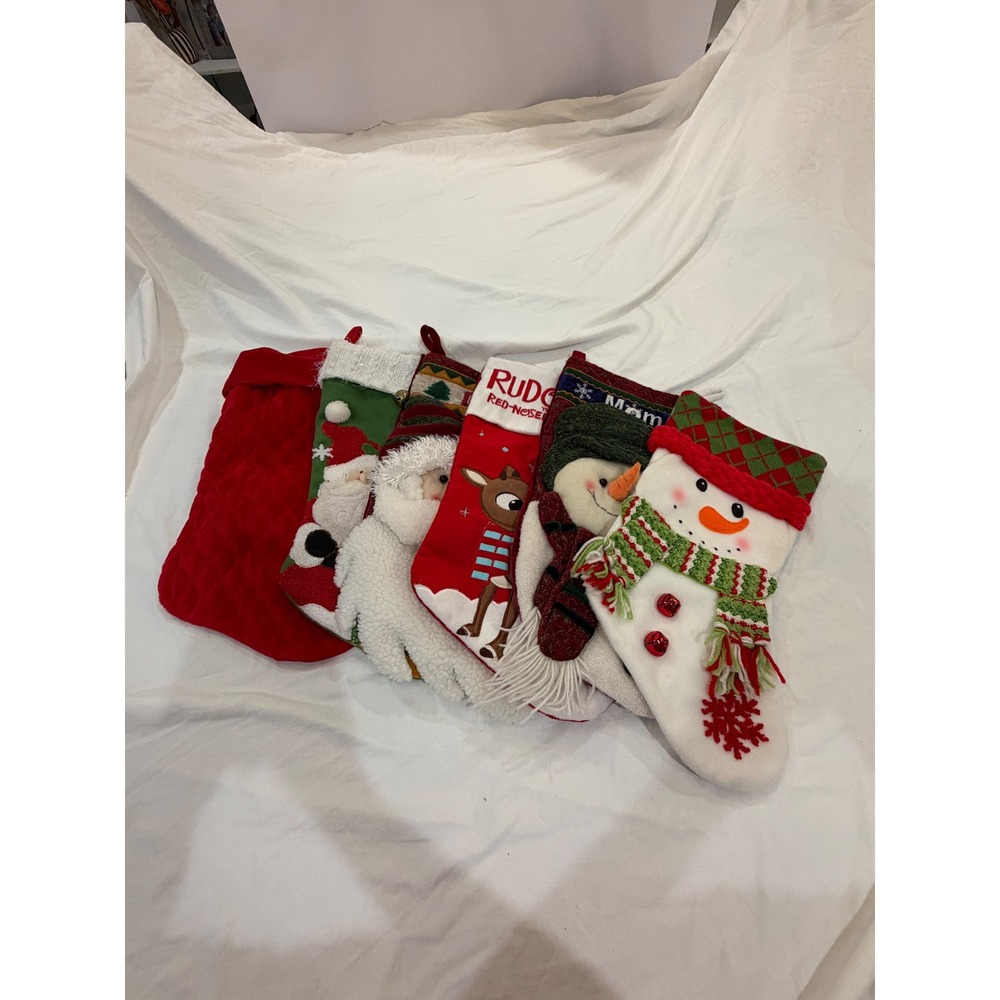 Mixed Lot of 6 Christmas Stockings Rudolph Santa Snowman Quilted Velvet Festive